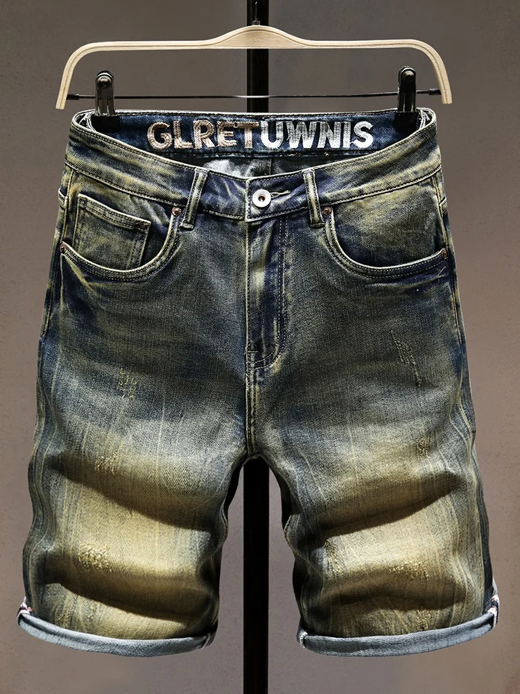 

Мужские джинсовые шорты в стиле ретро из Гонконга, прямого кроя, с эластичной талией, модные, повседневные, универсальные, из хлопка со стрейчем, средней посадки