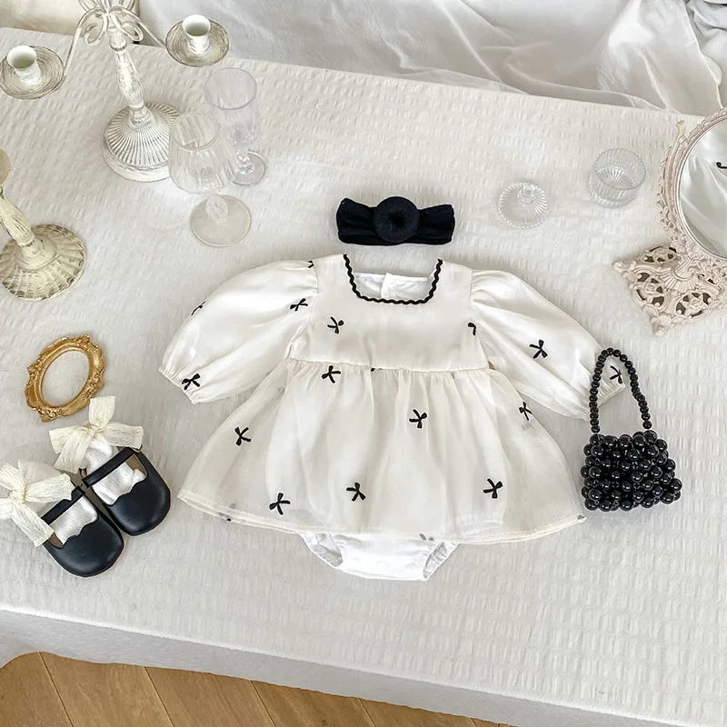 MILANCEL 2024 Autumn Baby Bodysuit Sweet Chiffon Princess Dress Infant Girls Embroidered Bow Square Collar One Piece Clothing