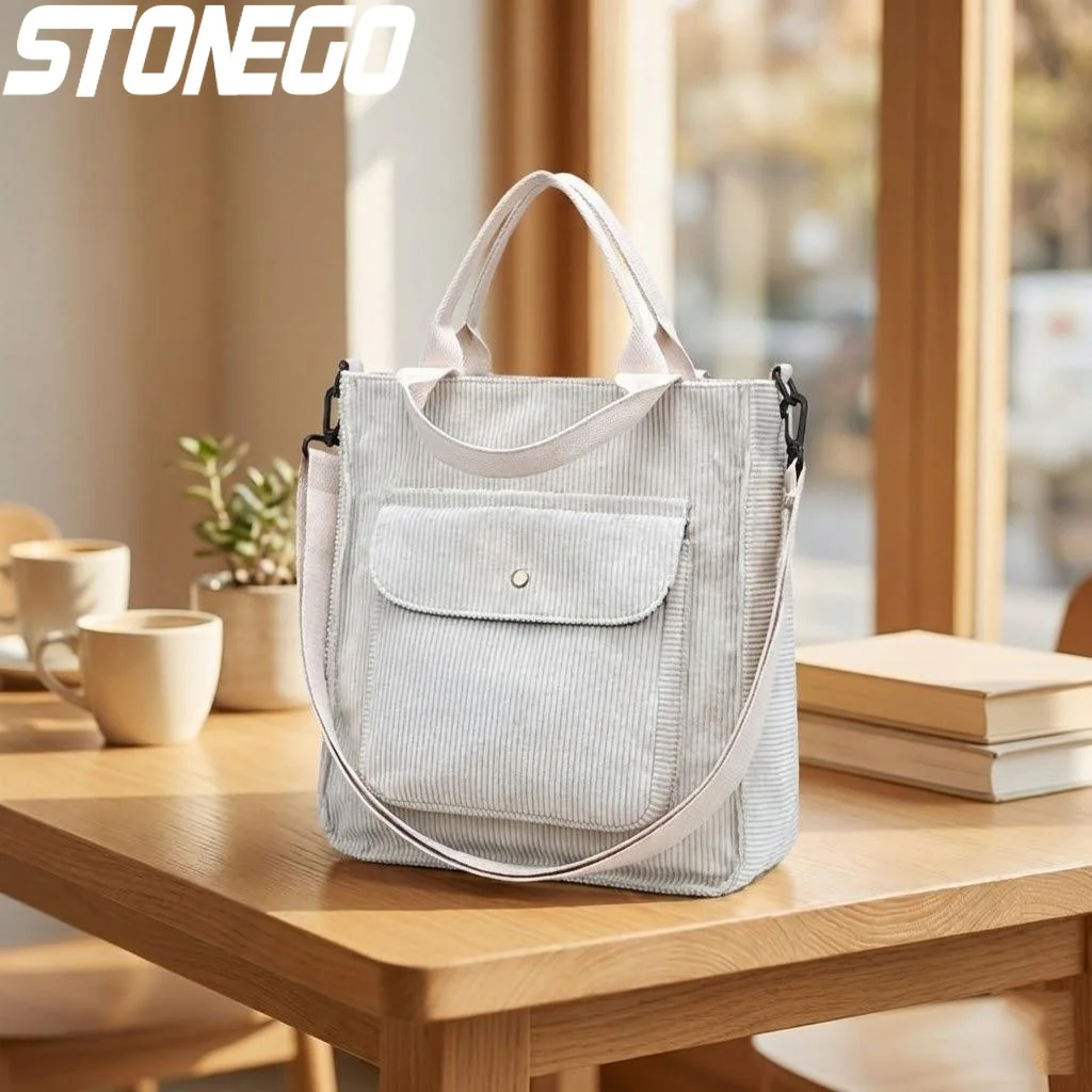 

Vintage Corduroy Shoulder Bag Women Casual Tote Handbag Zipper Shopping Bag with Outer Pocket Stylish Bookbag for Girls