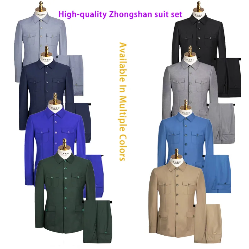 بدلة تشونغشان الجديدة عالية الجودة باللون الأخضر العسكري لعام 2025 للرجال مكونة من قطعتين، بدلة تونيك صينية للرجال متعددة الجيوب باللون الكحلي/الكاكي، مقاس كبير