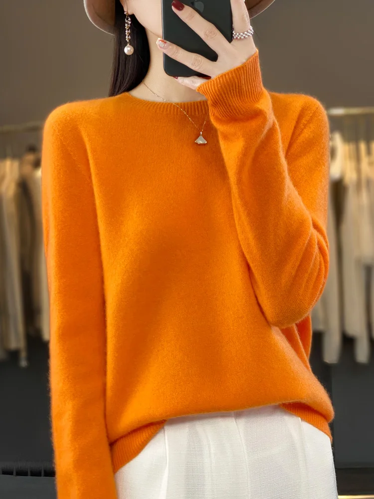 100% Merino Wool Sweater Cashmere  Pullover Women Knitwear O-Neck Long Sleeve  Autumn Winter Fashion Basic Clothing Tops