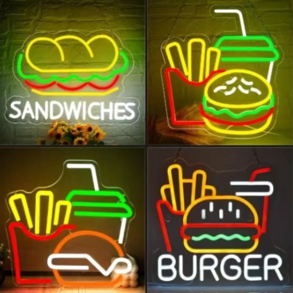 Burger Fries Neon Sign for Burger Shop Decor French Fries LED Neon Light Fast Food Business Signs for Restaurant Store