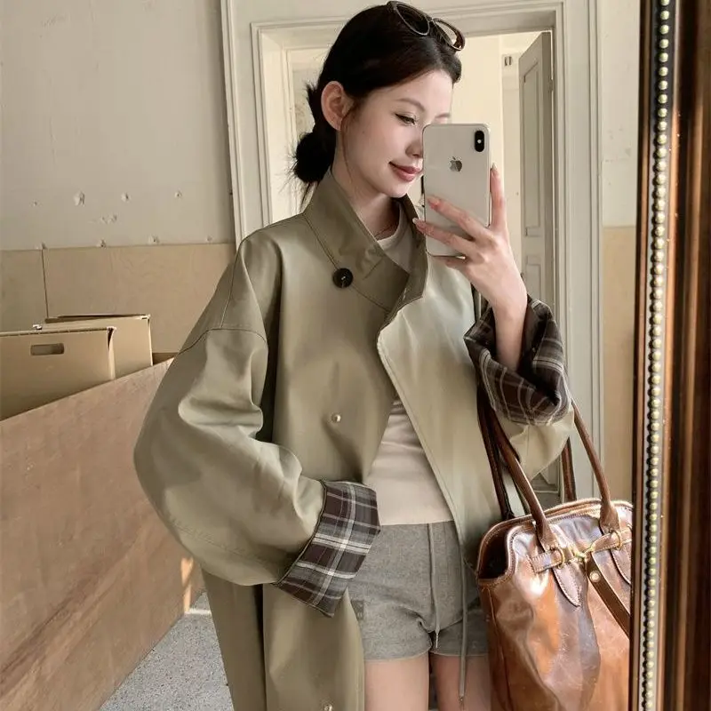 

Пальто для элегантных женщин, кожаный плащ, осеннее распродажа, длинные ветровки, женские джинсовые женские короткие пальто с высоким воротом, зеленые