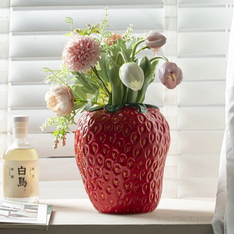 Strawberry Shape Vase, Nordic Style, Creative Modern Ceramic Dried Flowers, Gardening, Home, Living Room Decoration, 1Pc