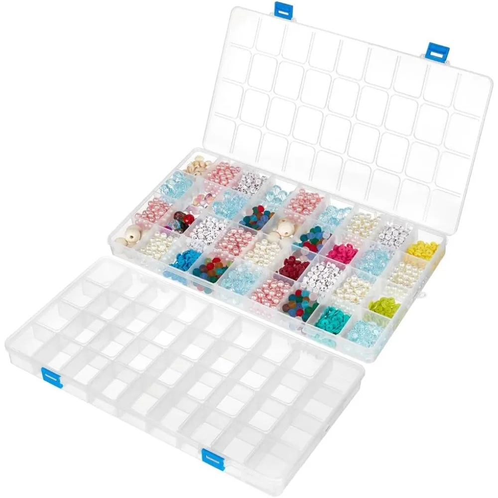 2 Pack 36 Grids 14.3x8x1.18 Inch Large Transparent Plastic Compartment Box Grid Bead Organizers with Adjustable Dividers