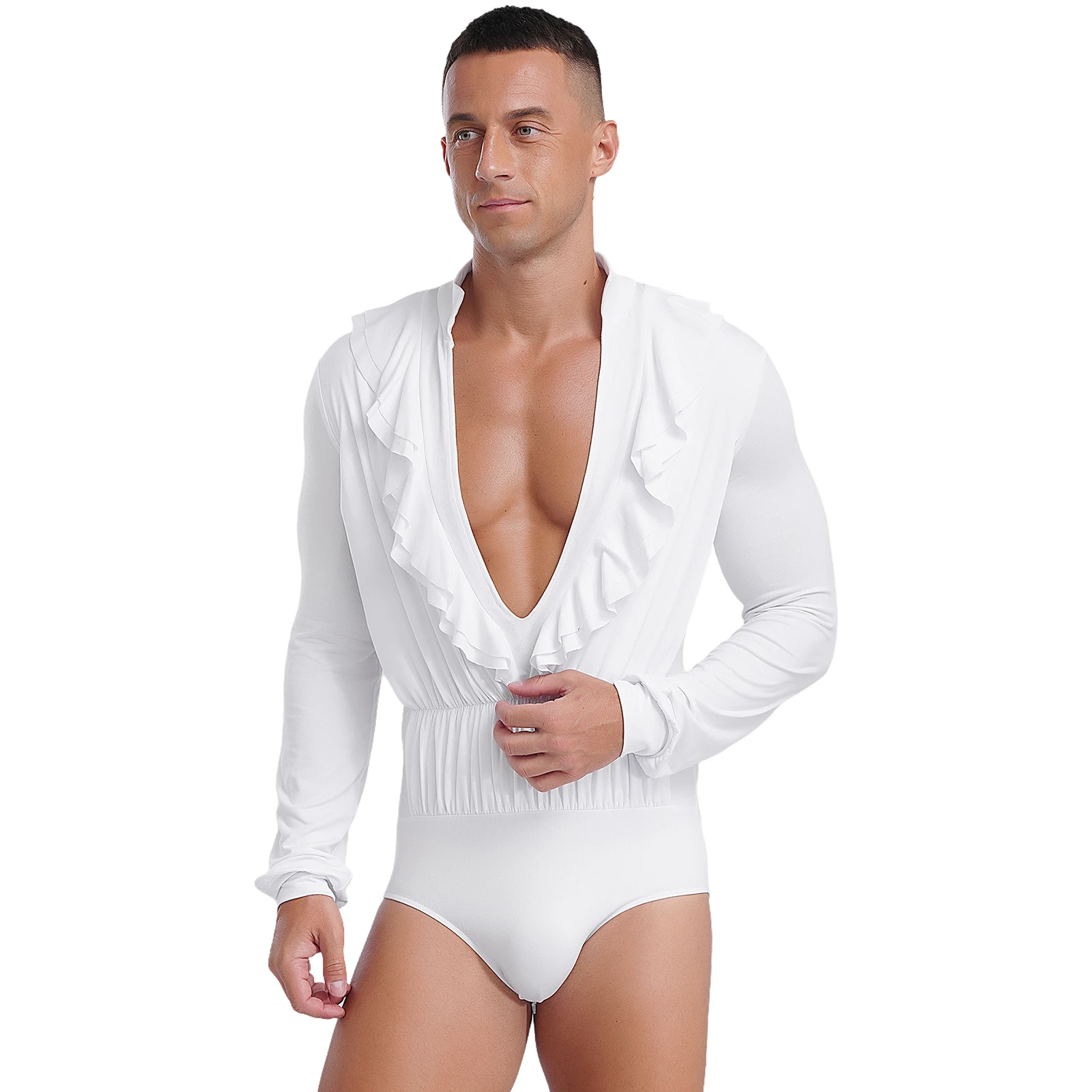 Mens Latin Dance Performance Costume Dancewear Ruffles Deep V-neck Long Sleeve Bodysuit Cha-Cha Rumba Tango Practice Wear