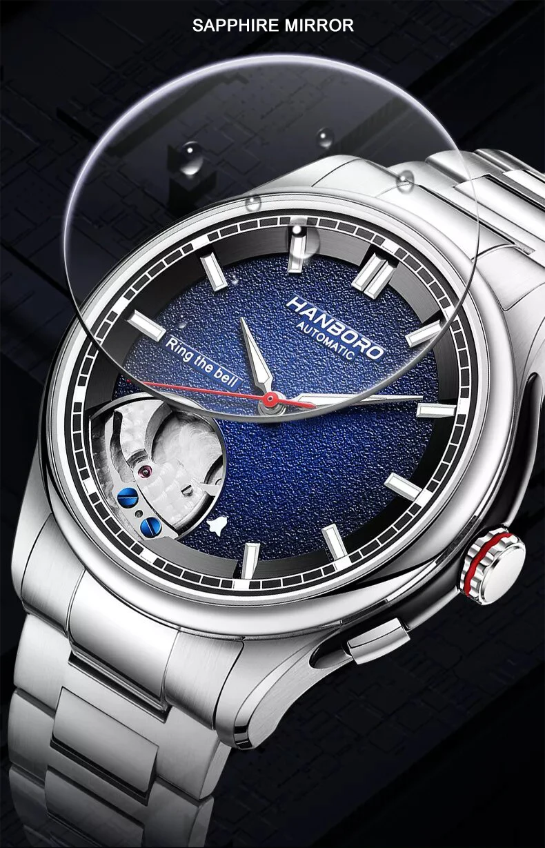 HANBORO Men Automatic Watch Alarm Mechanical Wristwatch 5ATM Sapphire Luminous Skeleton Gradient Dial Ring The Bell