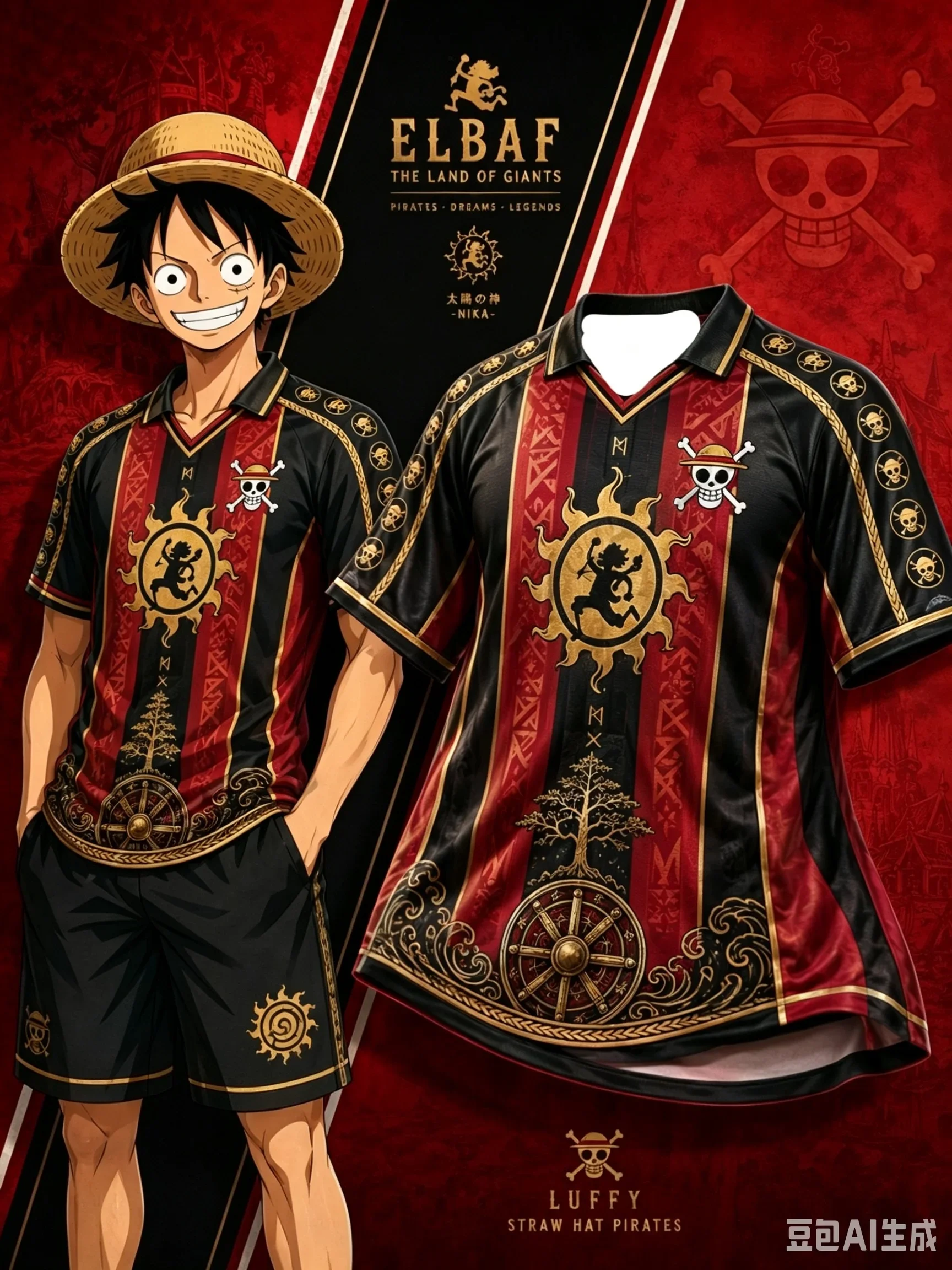 2026_27 Neues One Piece Luffy Series Fußballtrikot mit Kragen, Modisches Streetwear für Männer und Frauen, Unisex Anime Sportbekleidung, Familien-Partnerlook – Detail 7