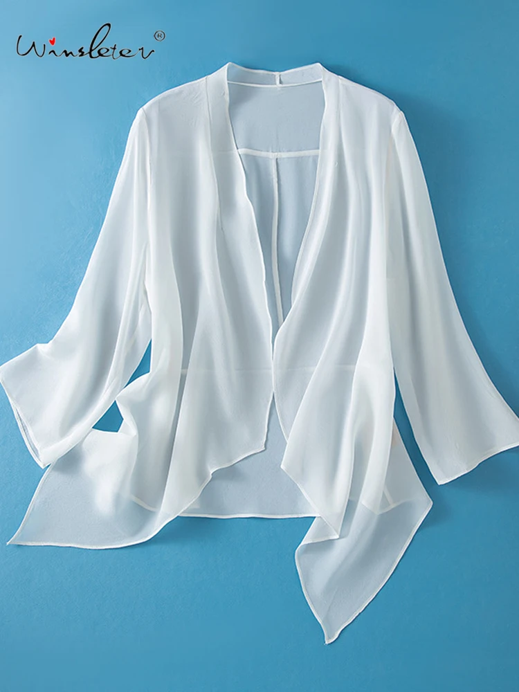 Winsleter-8MM 100% Silk Elegant Coat, V Neck Solid, Women Beach Vacation Sunscreen Thin Shawl Coat, 2026 Summer New C66680CC