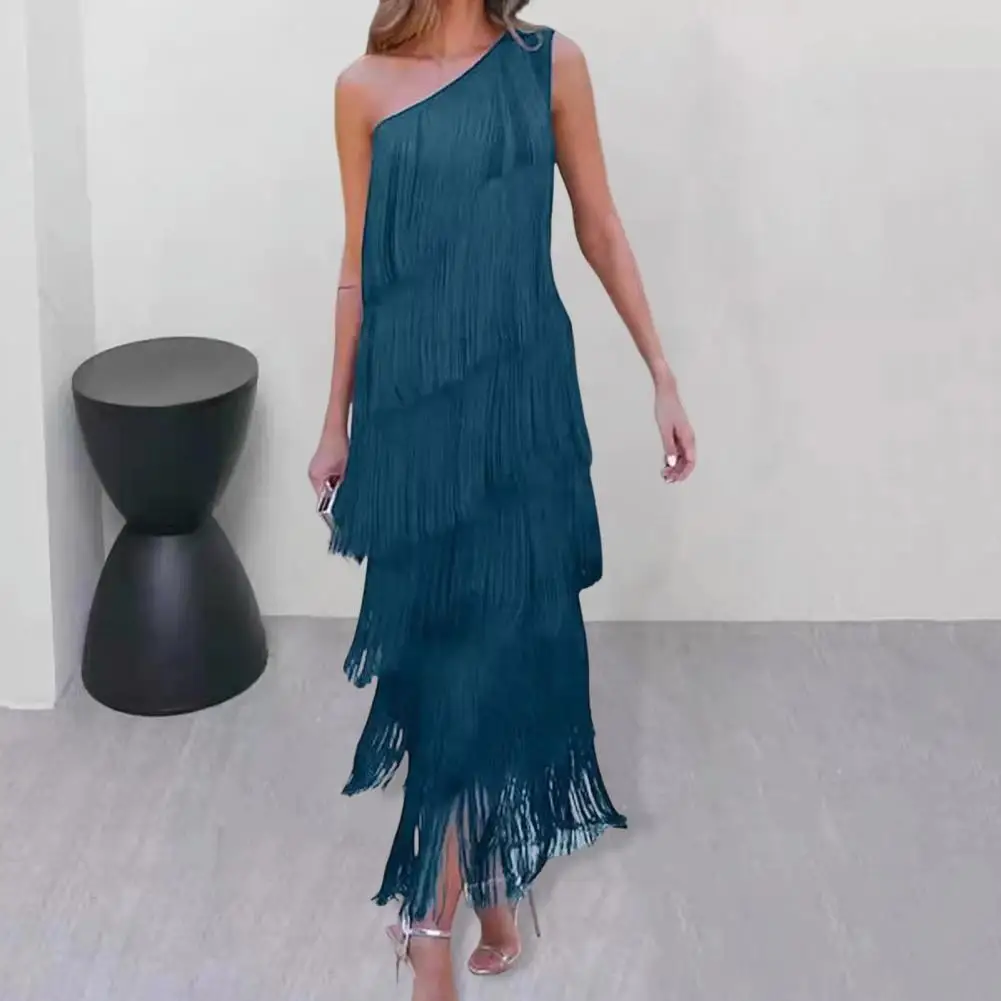 Loose Fit Dress Elegant Fringed Tassel Evening Dress for Women One Shoulder Maxi Dress with Asymmetric Hemline for Cocktail