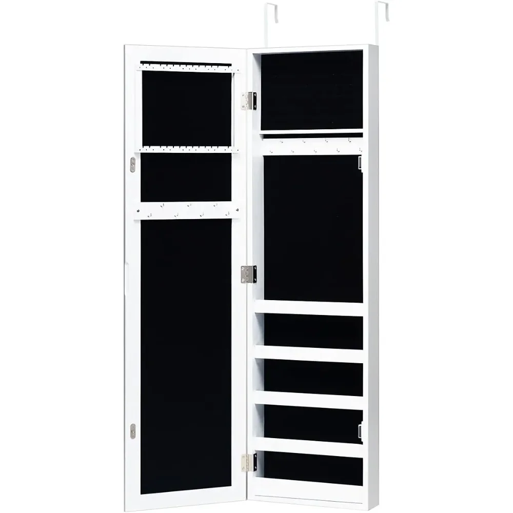 Jewelry Cabinet Armoire Door Wall Mounted, Full Length Mirror and 5 Storage Shelves for Display Bracelets Rings Cosmetic