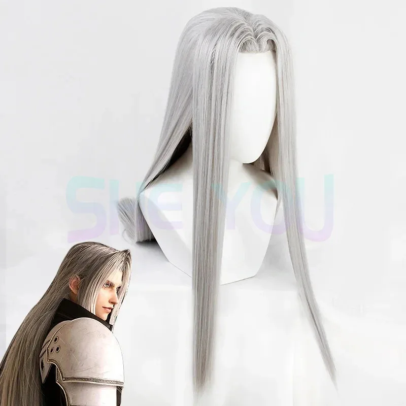 

100cm Silver Long Sephiroth Wigs Heat Resistance Fiber Men's Game Synthetic Hair Cosplay Costume Wigs + a wig cap