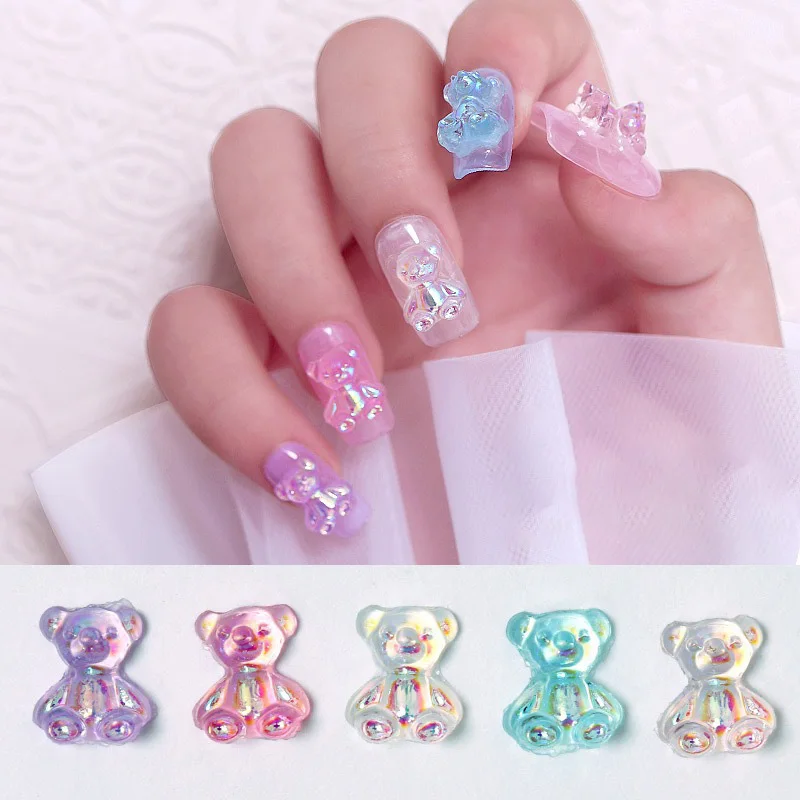 20Pcs Aurora Bear Nail Art Decorations 3D Resin Shiny Jelly Bear Ornaments Cute Cartoon Manicure Gem Charms DIY Accessories 8mm