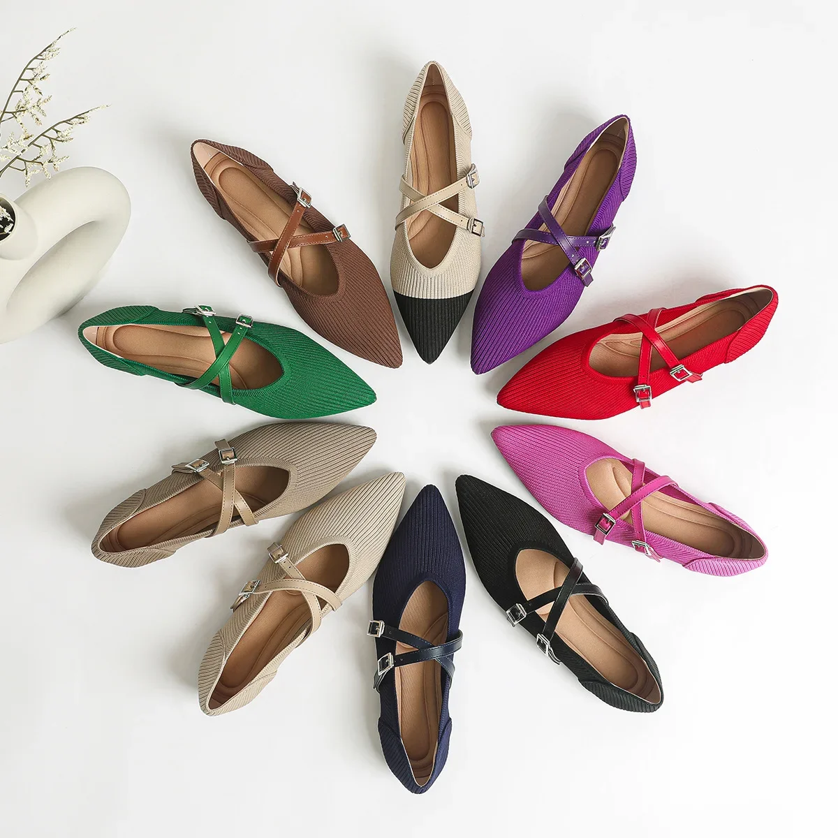 

Women Mary Jane Shoes Pointed Toe 2025 Spring Shallow Cross Strap Women Dress Shoes Breathable Knitted Mid-heel Shoes Ladies