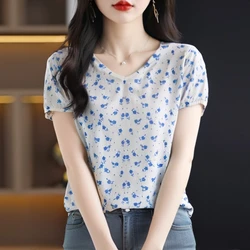 Women Sweater Short Sleeve V Neck Print Floral Knitwear Slim Fit Summer Spring Thin Korean Fashion Pullover 2025 Knit Korean Tee
