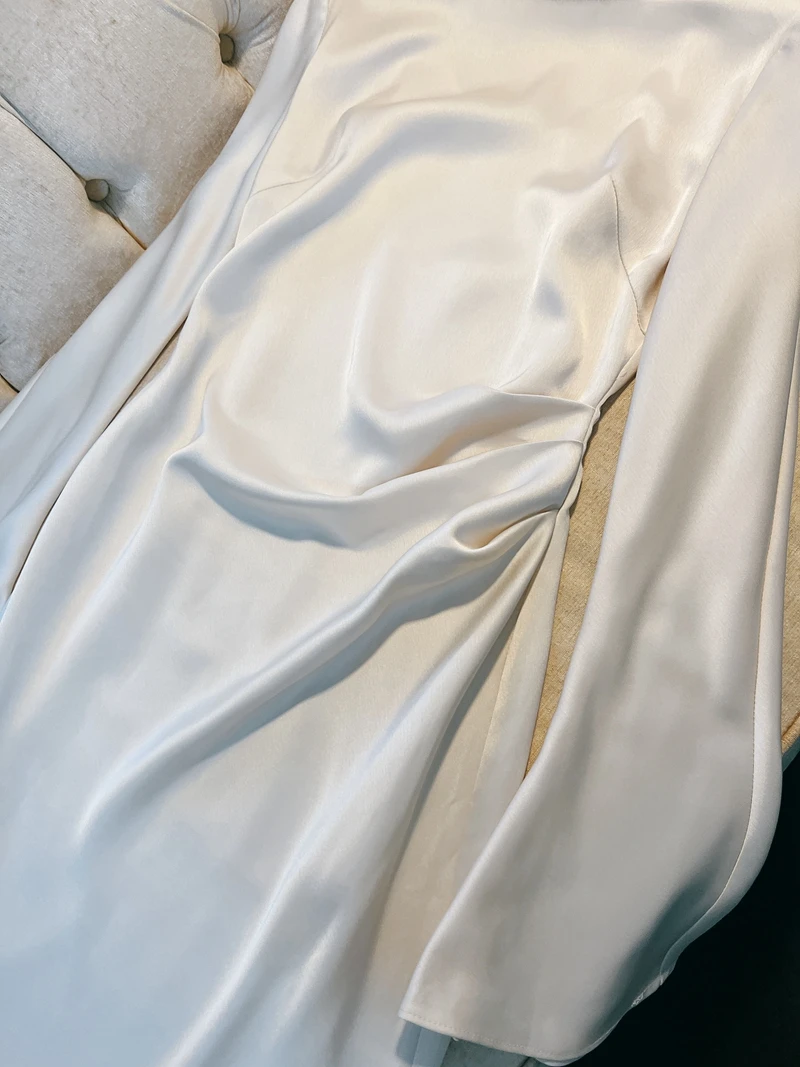 Ethereal Satin Slip Dr with Tapered Sves And Waist-Cinching Flare Fene A-Line Tea-Length Gown for Early Autumn Or W...