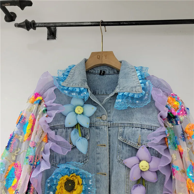 Autumn Mesh Sequins Embroidery Blue Frayed Edges Women Short Denim Jacket Three-dimensional Flower Long Sleeve Jeans Streetwear