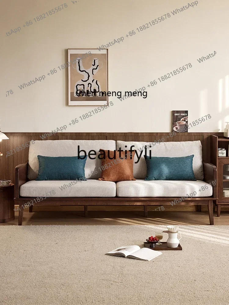 North American black walnut sofa Nordic solid wood living room furniture three-person fabric sofa