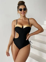 One Piece Hollow Out Black Sling Swimwear para mulheres, bodysuit sexy, monokini, moda praia, roupa de banho, fêmea, verão, novo, 2024