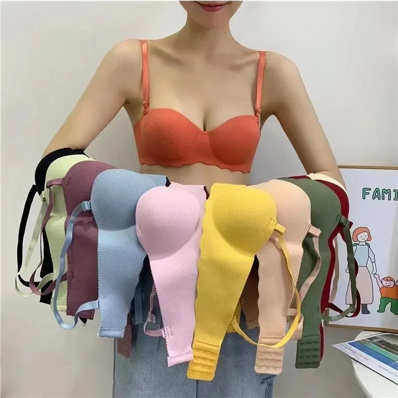 Female Gather Removable Shoulder Strap Solid Color Wireless Lingerie One-pieces Sexy Bras Push Up Seamless Underwear for Women