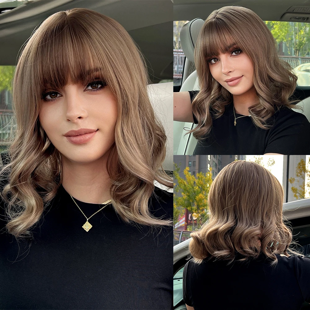 

Ash Brown Blonde Short Wavy Synthetic with Bangs Natural Bob Hair for Women Daily Cosplay Party Heat Resistant Wigs