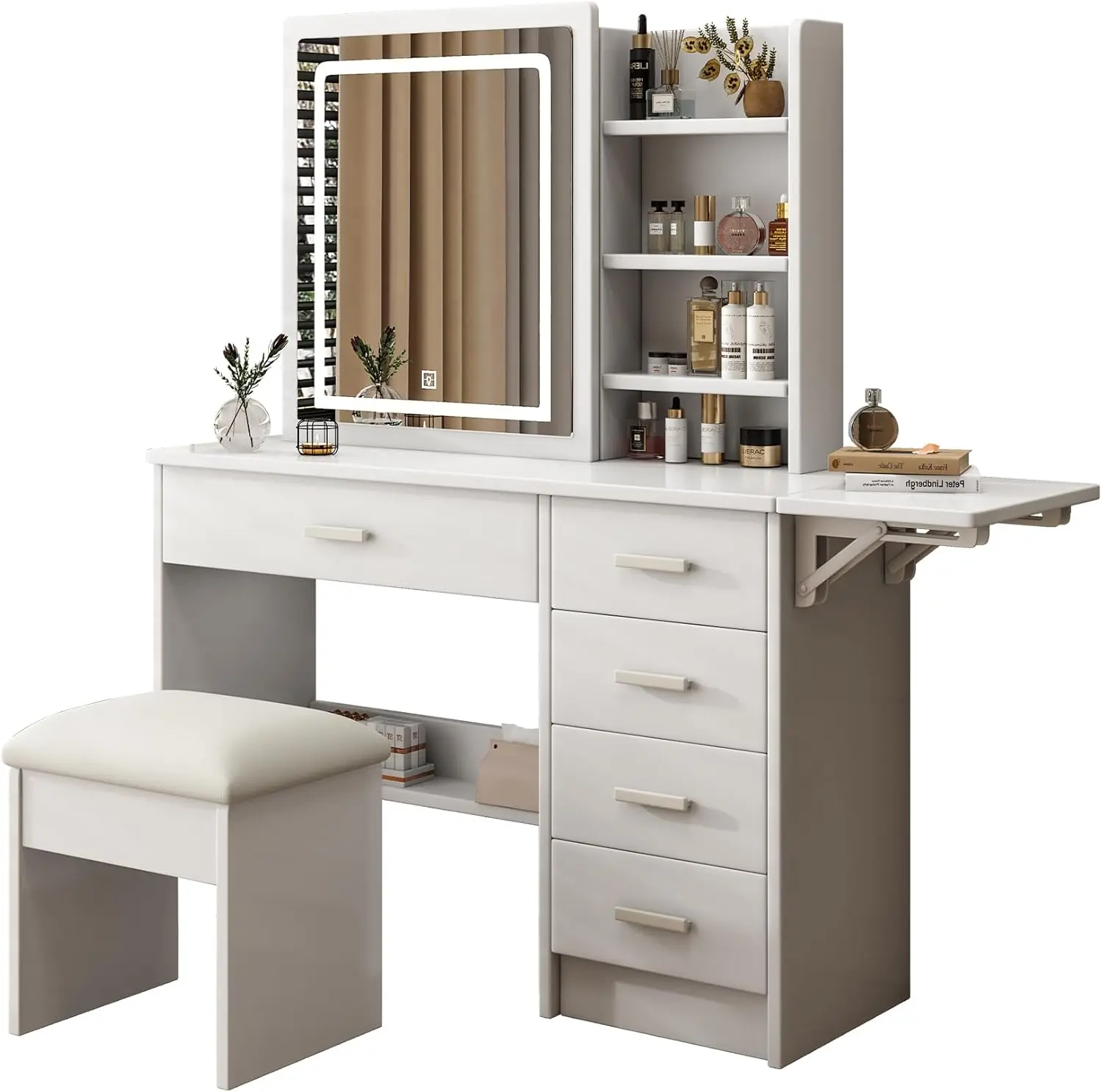 Vanities & Vanity Benches, White Makeup Vanity with Sliding Mirror & 3 Color Lighted, Makeup Station with Stools, Storage Space