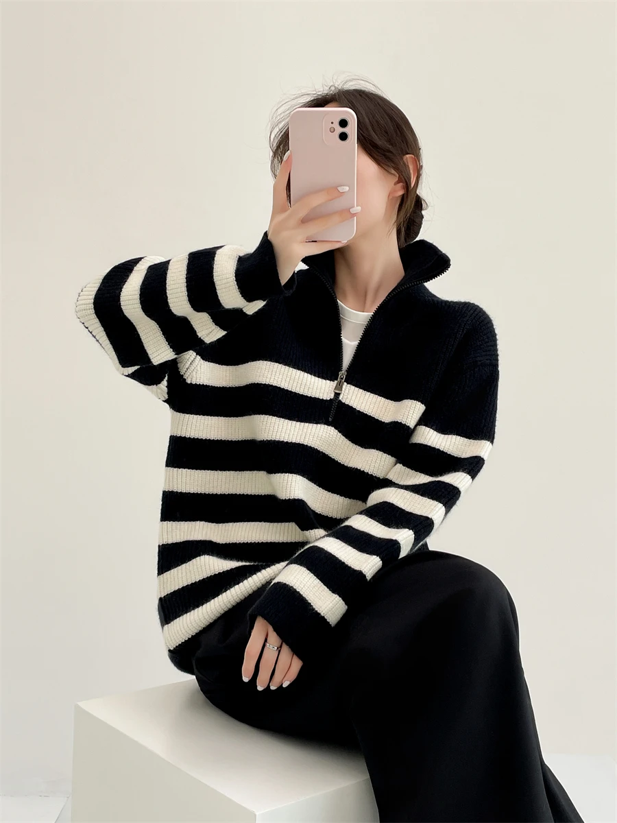 

Утепленный свитер-пальто с высоким воротником для женщин, свободный крой, на молнии, вязаный топ для осени и зимы, повседневная удобная верхняя одежда