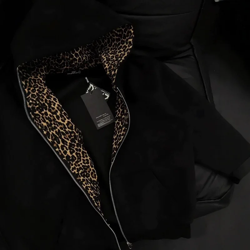QICHE 2026 Men American Vintage Pullover Zip Up Hoodie Contrast Spliced Leopard Lining Clean Fit Autumn Casual Jacket
