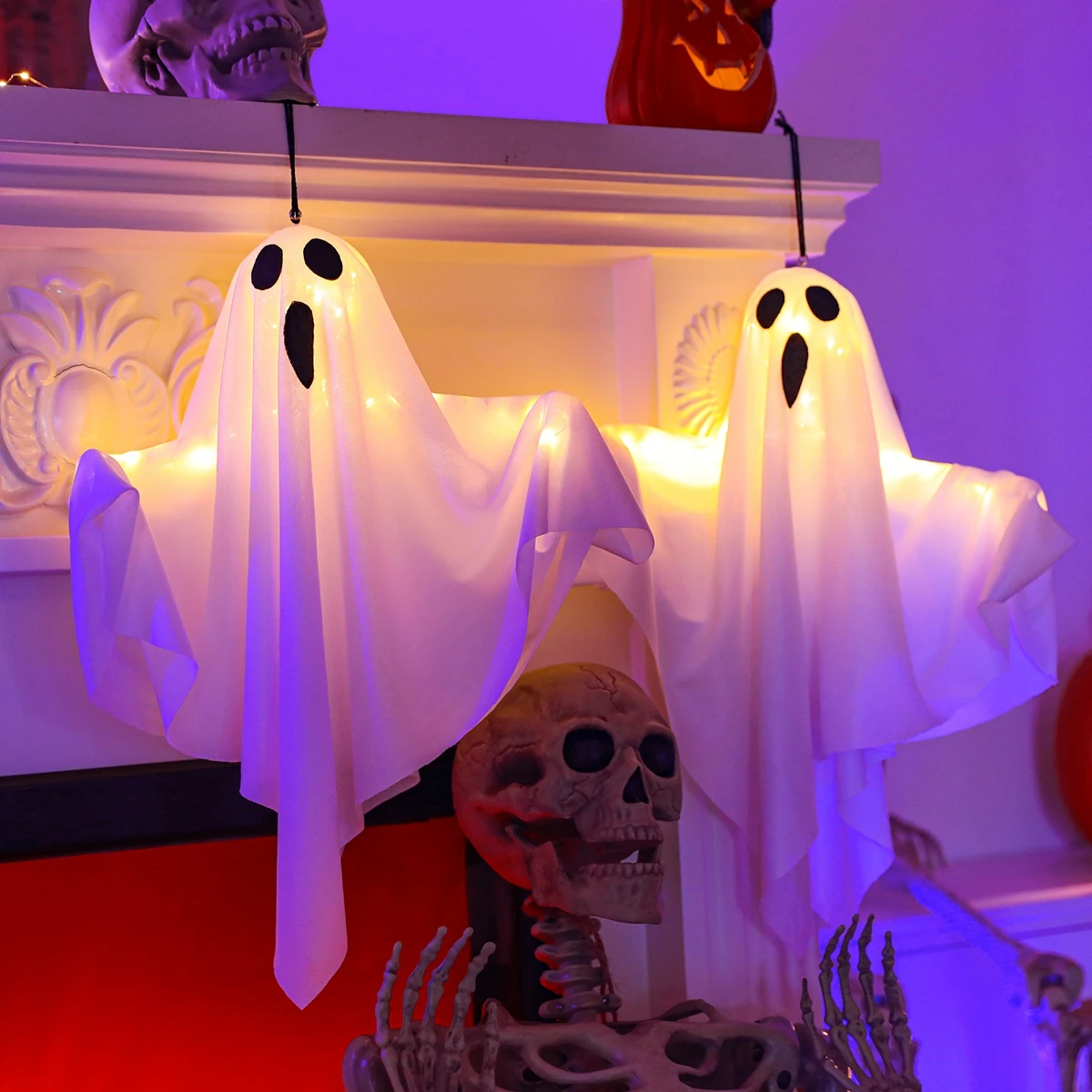 White Ghost Halloween Horror Atmosphere Creative LED Hanging Lights Decor 2024 Spooky Haunted Halloween Party Ghost Decoration