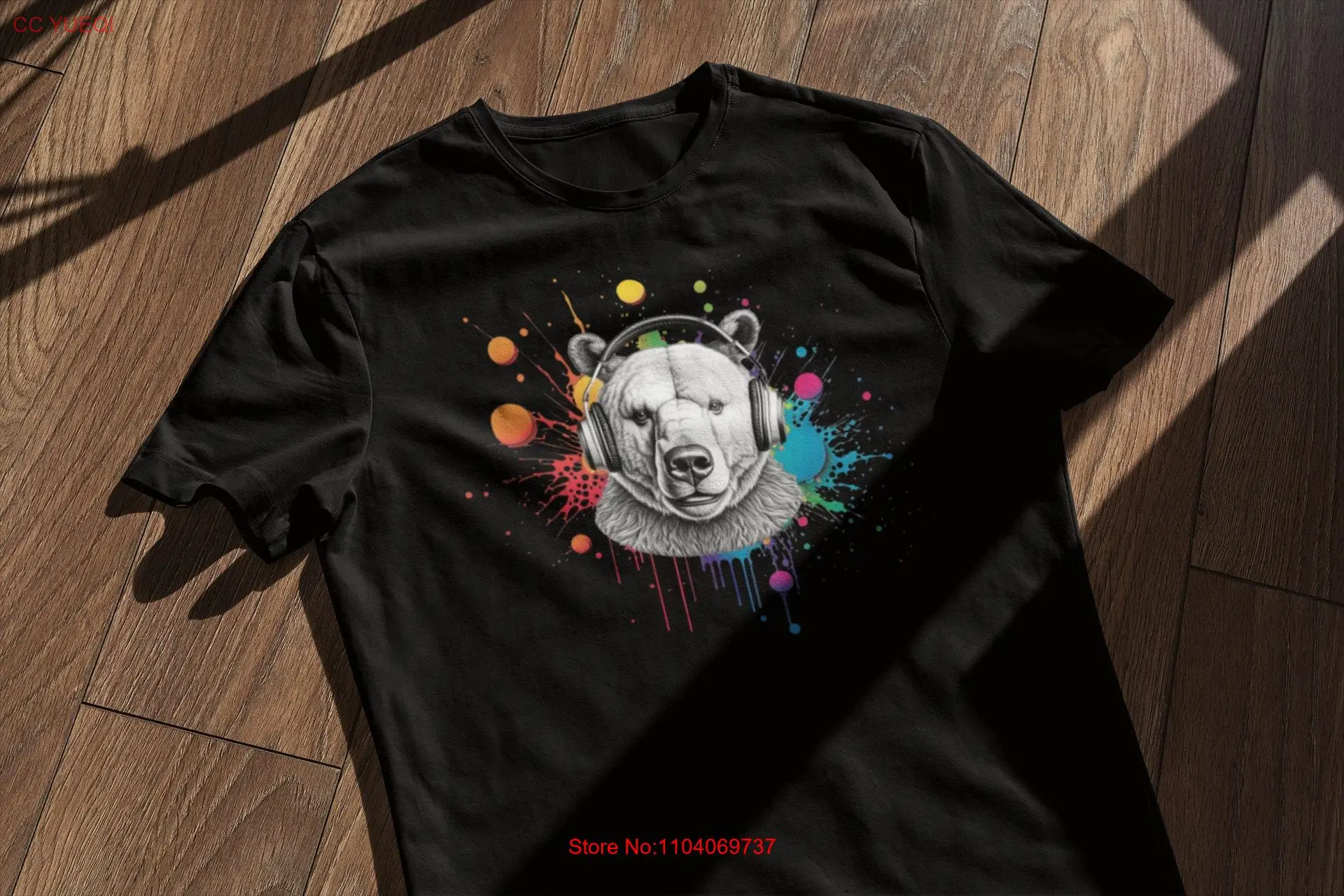 Colorful Polar Bear with Headphones T Shirt Cute Animal Lover Music DJ Color Explosion Design long or short sleeves