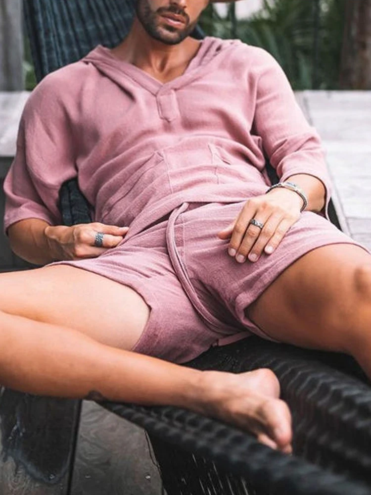 Fashion Men Two Piece Set Casual Cotton Linen Solid Loose Outfits Summer Half Sleeve V-Neck T-Shirt And Shorts Suits For Mens