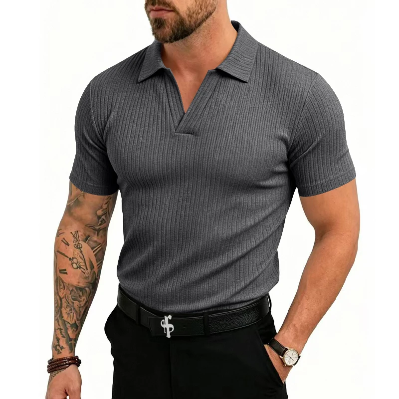 Herren 1-teiliges Gestricktes V-Ausschnitt Kurzarm Slim-Fit Atmungsaktives Eisseide Schnelltrocknendes Golf Business Casual Poloshirt – Detail 13
