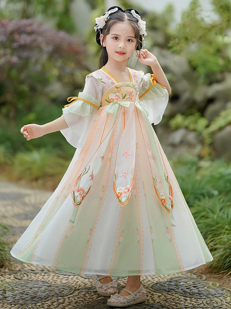 

2024 Summer Girls Gu Feng Super Fairy Bow Dress Children Costume Hanfu Tang Suit Ball Gown Kids Chinese Style Princess Dress