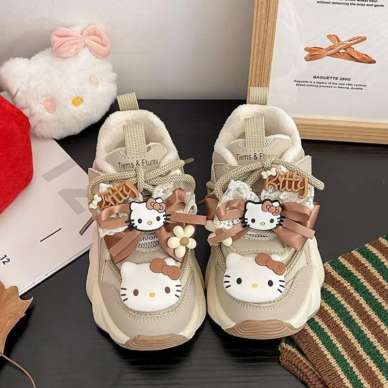 

Soft Sole Hello Kitty 2025 New Children's Dad Shoes Sanrio Autumn Winter Leather Surface Plush Cotton Sports KT Girls' Canvas
