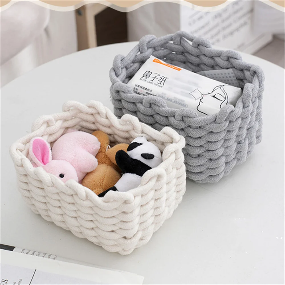 Nordic Cotton Rope Woven Small Storage Basket Rectangle Cotton Rope Storage Desktop Sundries Make up Organizer Home Decor