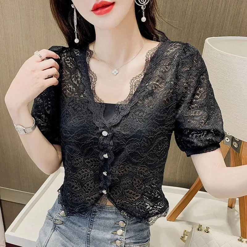 See Through Summer Lace Blouses Women 2024 Korean Fashion Clothing Casual White Black Pink Blusas Sexy V Neck Casual Tops Mujer