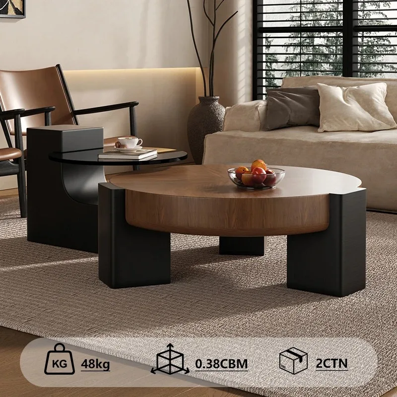 

Nordic Minimalist Modern Round Walnut Color Splicing Wood Grain Coffee Table Living Room Wooden Tea Table Glass Coffee Table