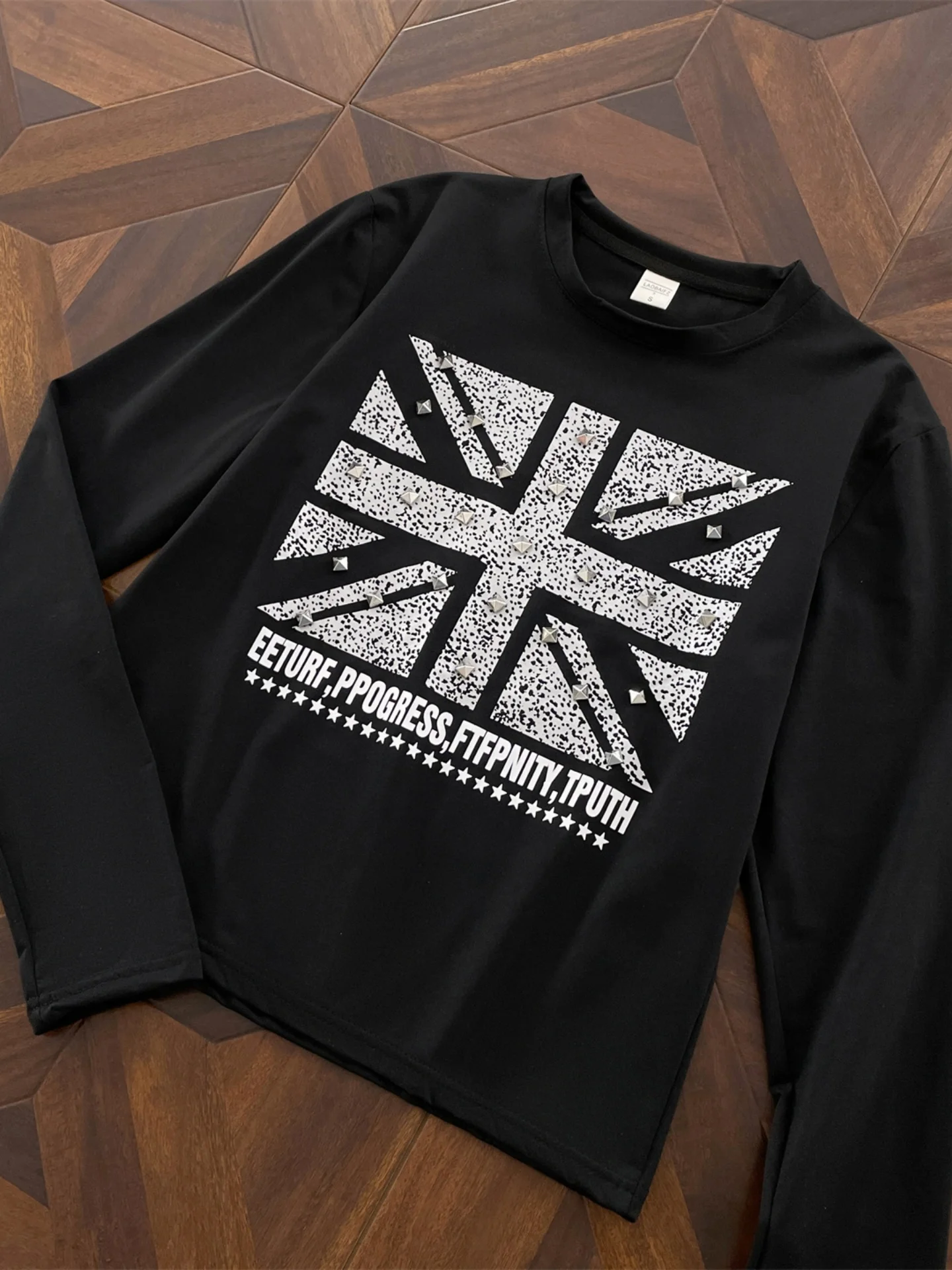 Retro Streetwear Long Sleeve round Neck T-Shirt Men's Union Jack Print Glittering Diamond Breakup Fashion American Casual Top