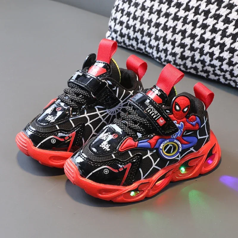 Disney Children\'s Sneakers Boys Cartoon Spiderman Led Light Sport Shoes Student Shoes Hook Anti-slip Kids Outdoor Shoes