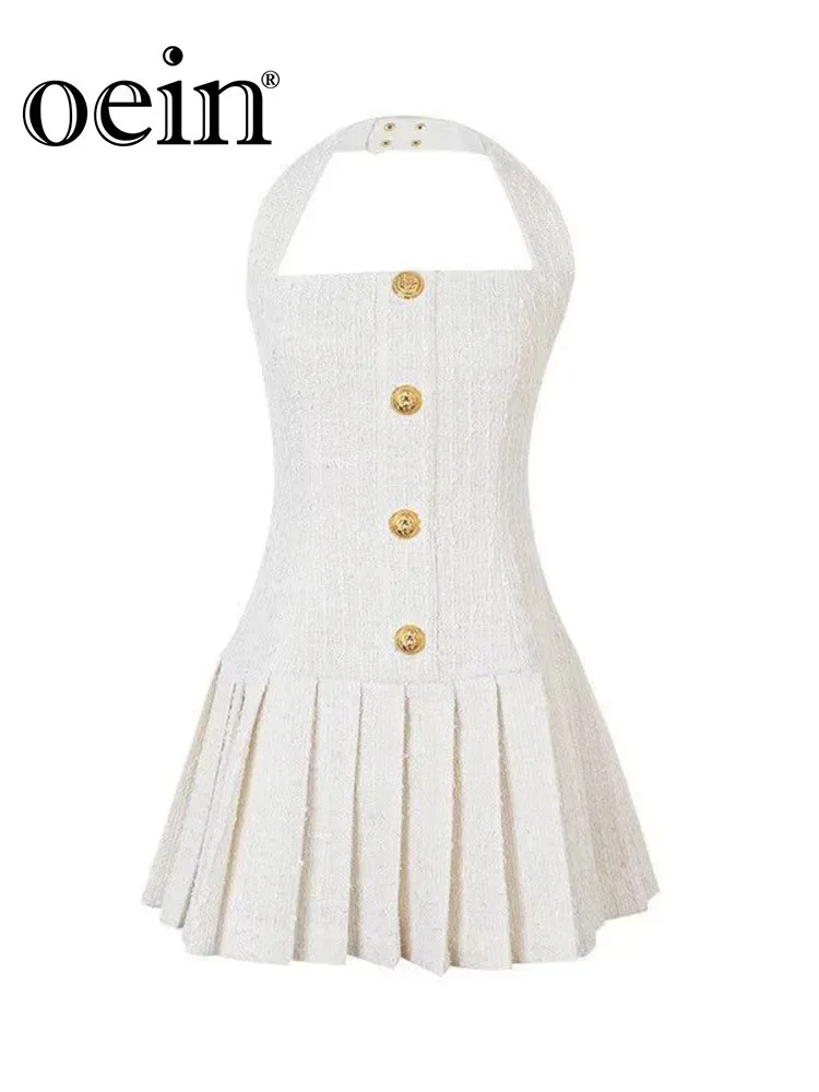 [oein] Summer New Adjustable Gold Buckle Hanging Neck Design, Elegant Weaving Pleated Dress Women