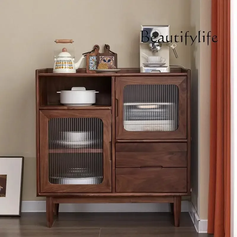 

Nordic solid wood black walnut dining side cabinet small apartment dining room against the wall storage simple home