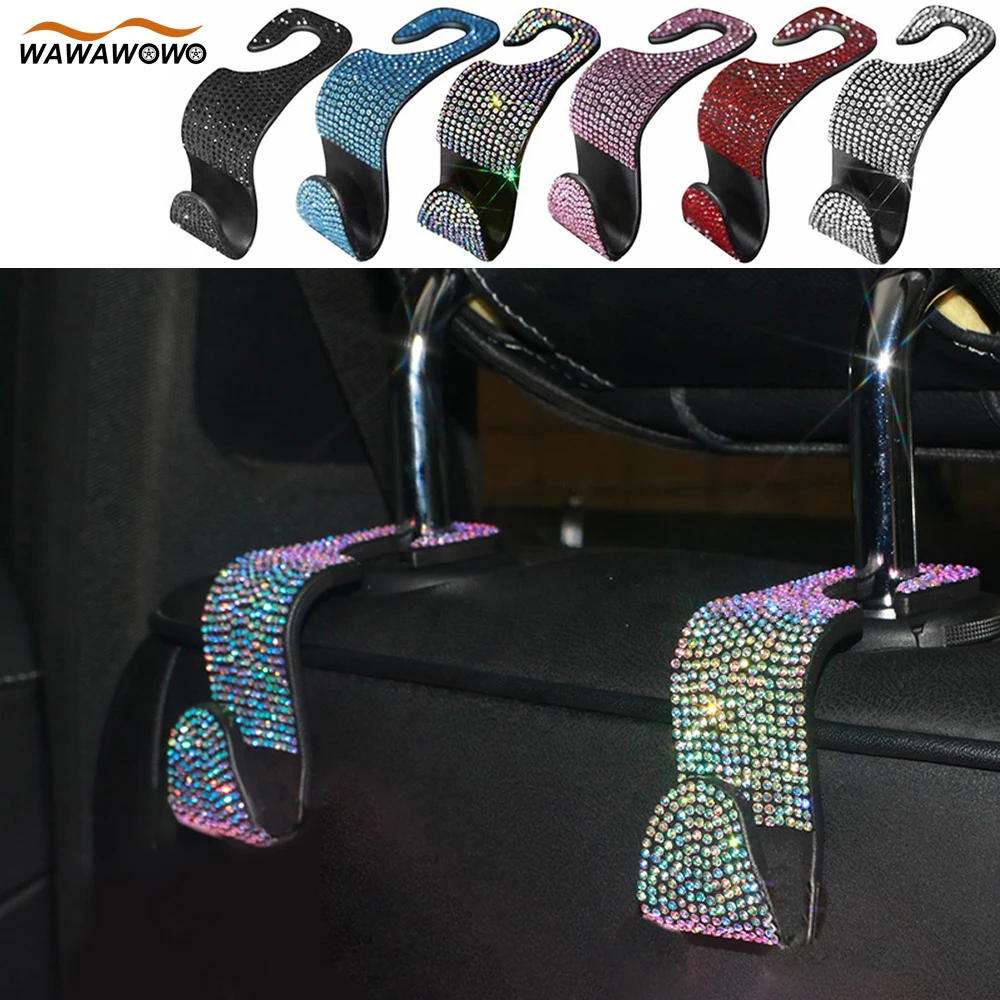 2Pcs/Pair Rhinestone Diamond Car Backseat Portable Headrest Hangers Multifunction Hooks for Purse Handbag Clothes Grocery Bag