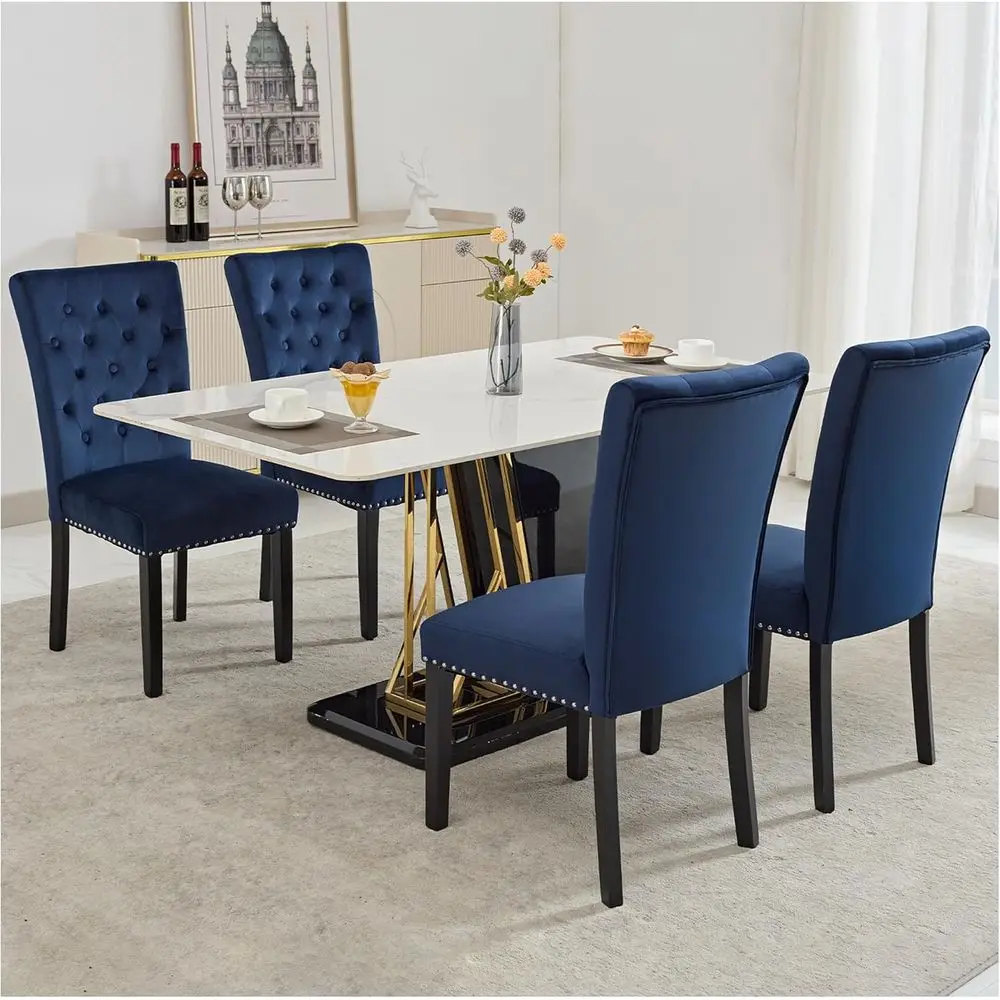 

Комплект из 4 обеденных стульев с бархатной обивкой, деревянными ножками, декоративной отделкой и в стиле Парсонс, синего цвета, выдерживают до 350 фунтов.