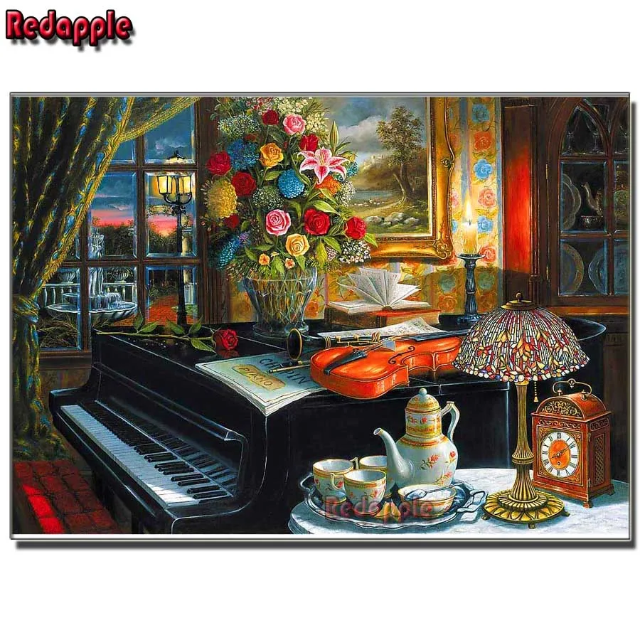 Diamond Embroidery Art Kits for Home Decoration, 5D, Full Square, Round Drill, Piano, Violin, Flower, Night Scenery