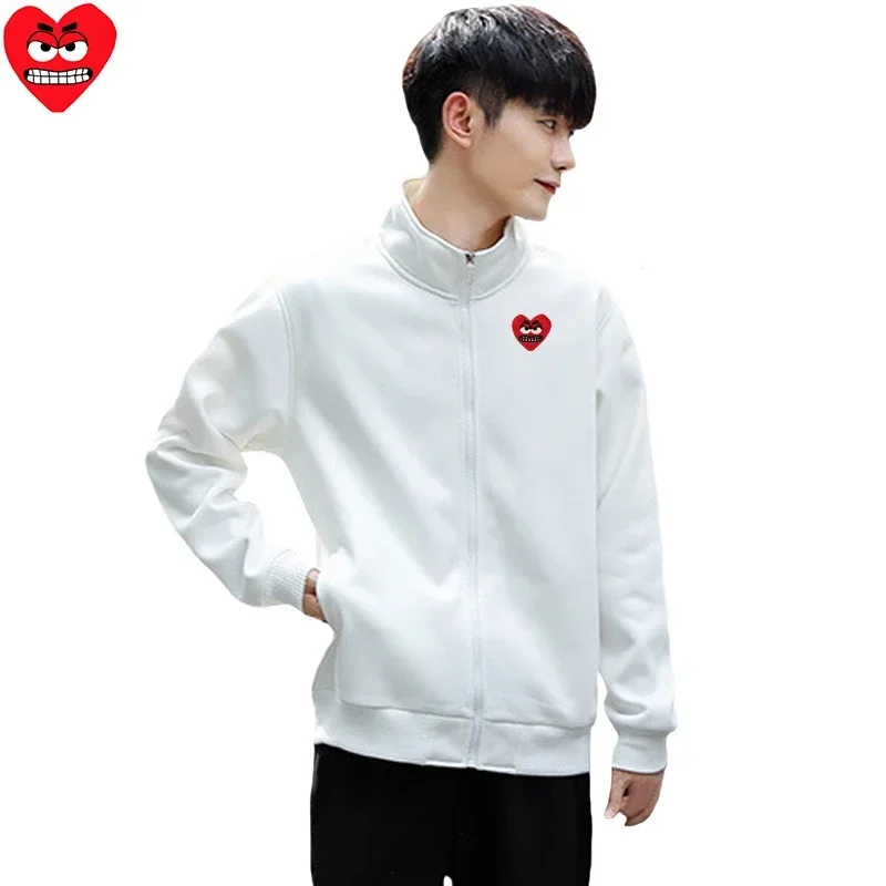 Break Egg Men Jacket Cotton Cartoon Cute Snag Heart Embroidery Lapel Zipper Pocket Fleece Fit Casual Autumn Hoodie