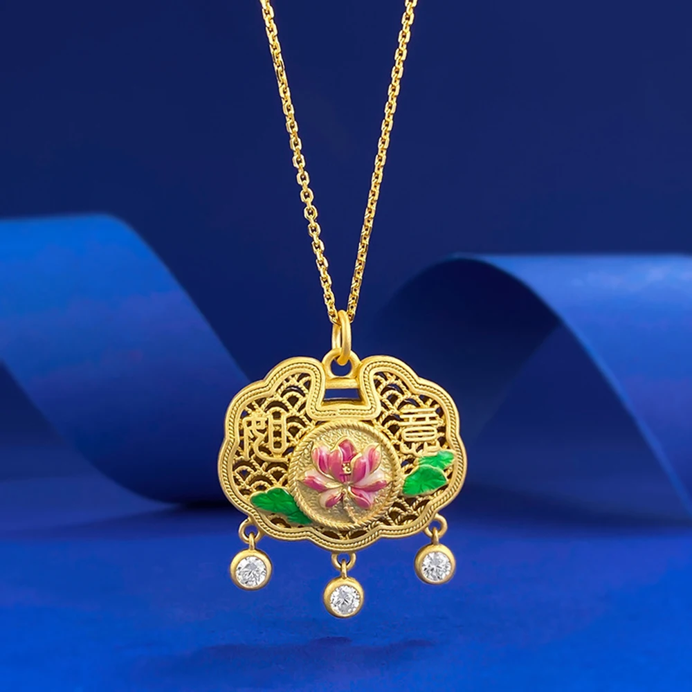 JECIRCON S925 Sterling Silver Gold-Plated Necklace Filigree Rosy Lotus Peace Lock Pendant Chinese Atyle Gold Necklace Adjustable