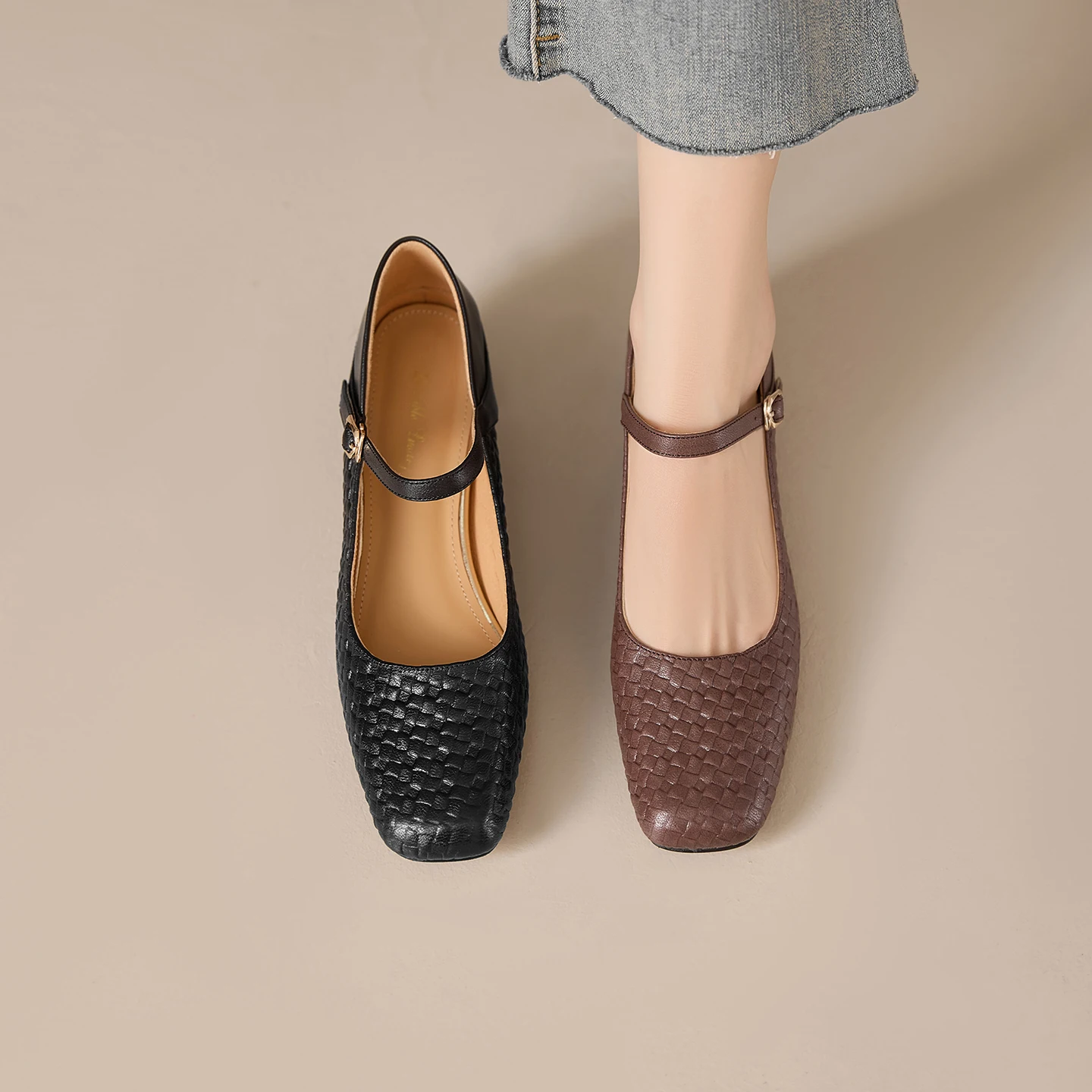 

Mary Janes Women Genuine Leather Woven Embossed Square Toe Soft Sole Mid Heel Autumn Handmade Dress Shoes