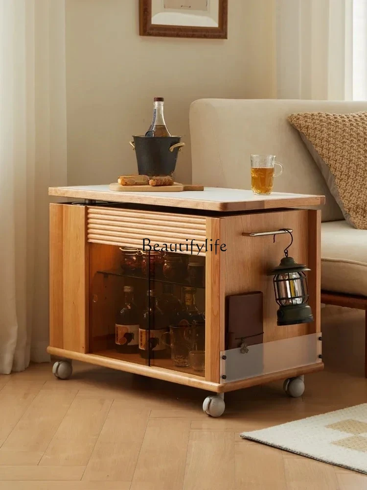 solid wood liftable coffee table cherry wood rock slab mobile trolley sofa side table tea storage side cabinet