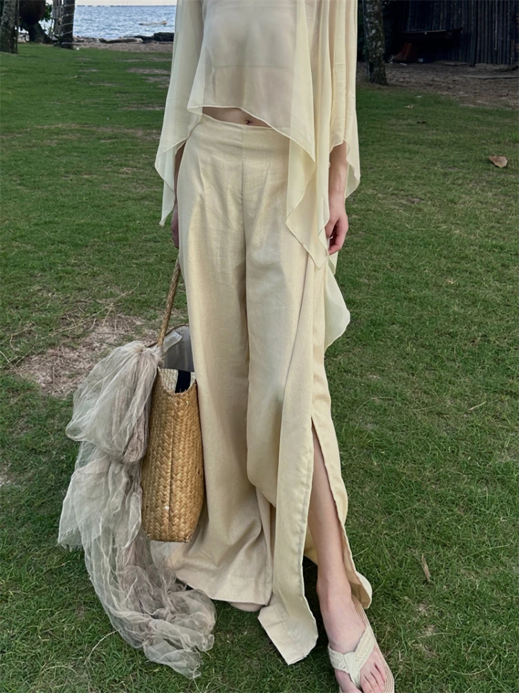 

Брюки из хлопка и льна с широкими штанинами, высокой талией, свободного кроя, с разрезами, удлиненные, повседневные, визуально стройнящие