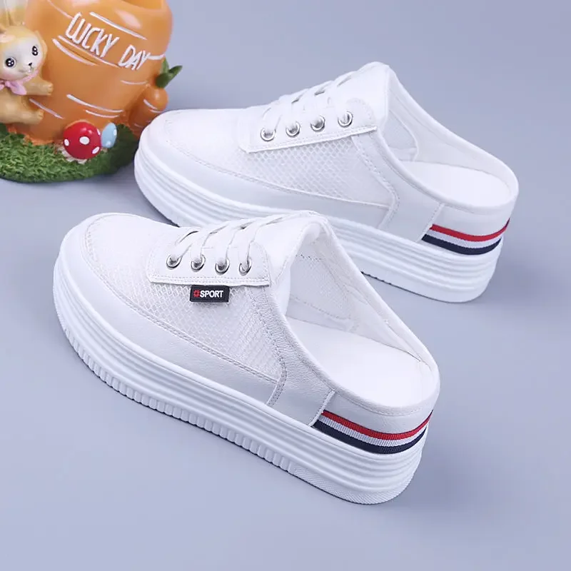 Women Half Slippers Mesh Surface Hollowed Summer Versatile Student Outdoor Breathable Sneaker Closed Toe Mesh Casual Shoes White